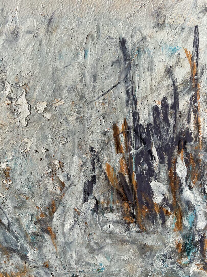 Weiße Acrylfarbe, Buntstifte und Graphit auf Papier